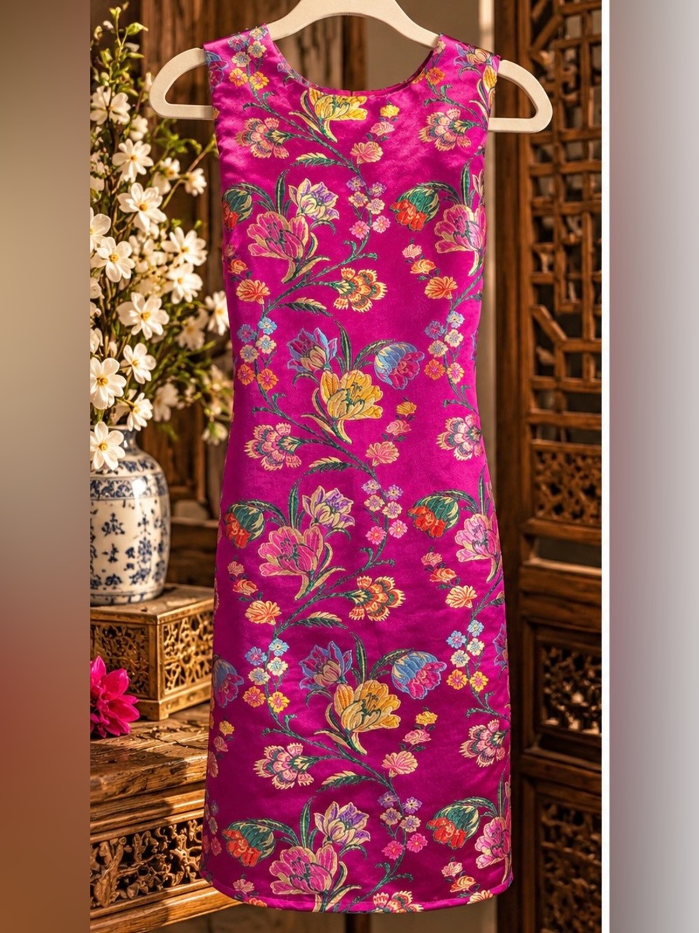 Glamorous Hot Pink Floral Brocade Jacquard Mini Dress Size S